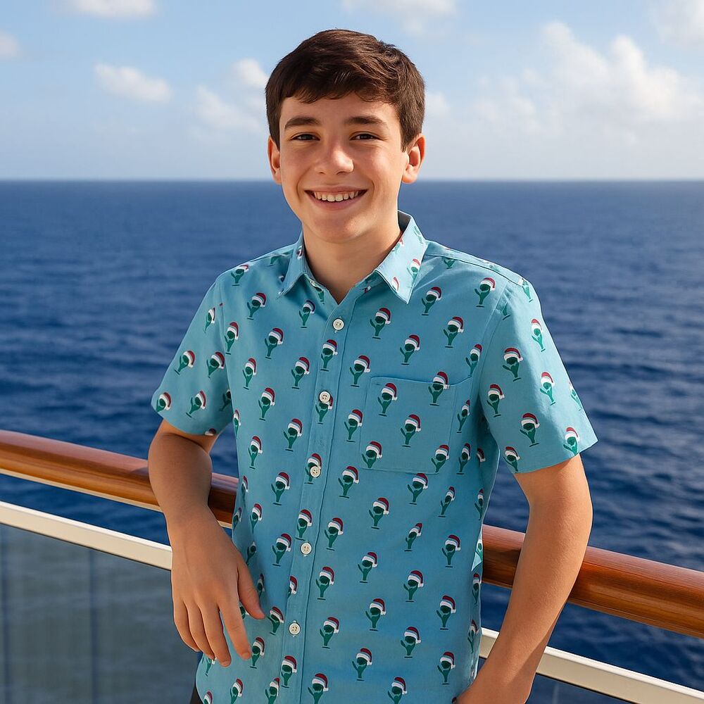 Wurl Boys Collared Shirt Green Aliens W/Santa Hats Cruise Blue Christmas Small